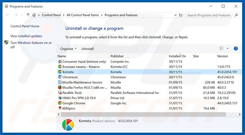 Kometa Browser adware uninstall via Control Panel