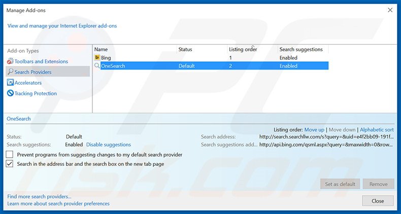 Removing search.searchllw.com from Internet Explorer default search engine