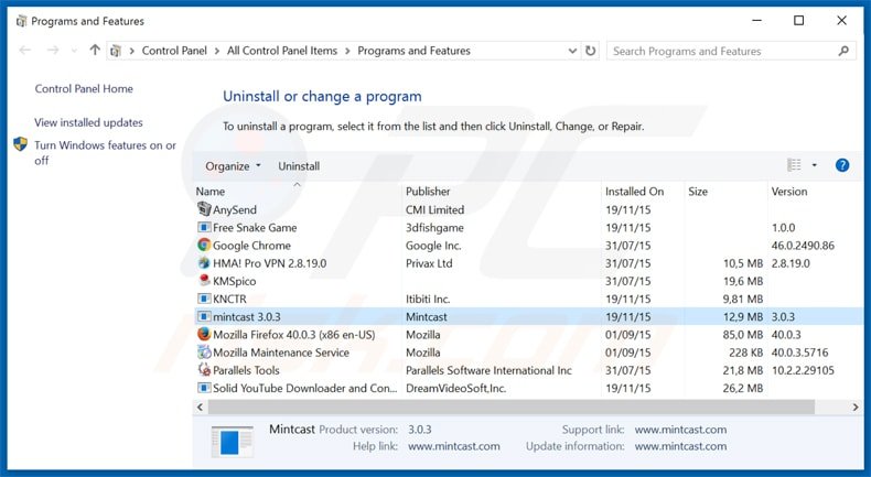 mintcast adware uninstall via Control Panel