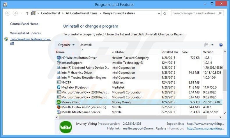 money viking adware uninstall via Control Panel