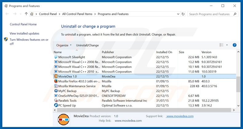 moviedea adware uninstall via Control Panel