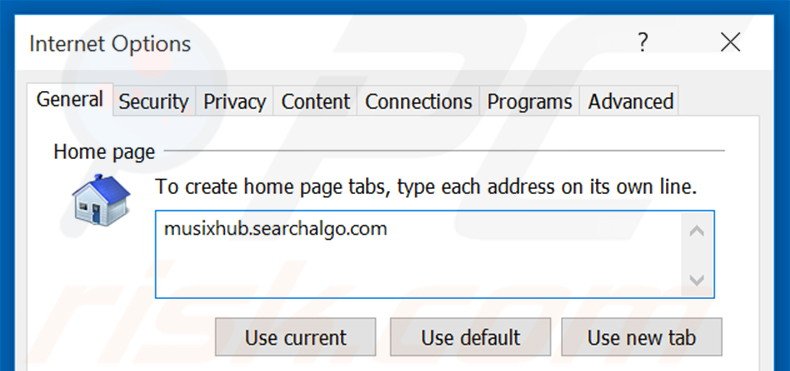 Removing musixhub.searchalgo.com from Internet Explorer homepage