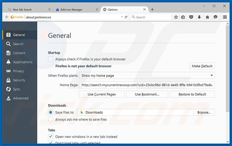 Removing Search.mycurrentnewsxp.com from Mozilla Firefox homepage