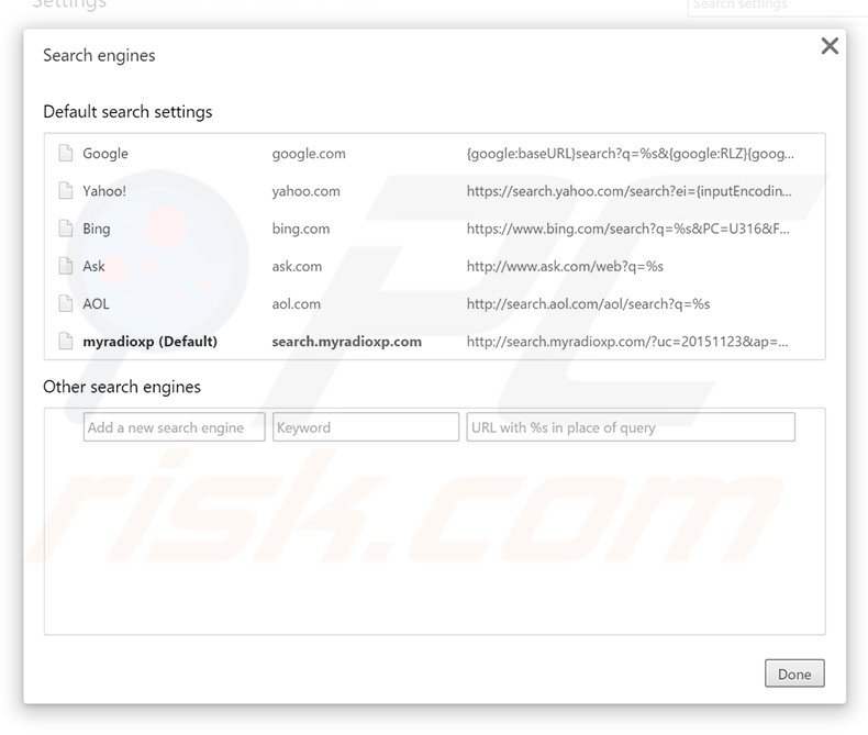 Removing search.myradioxp.com from Google Chrome default search engine