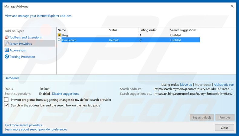 Removing search.myradioxp.com from Internet Explorer default search engine