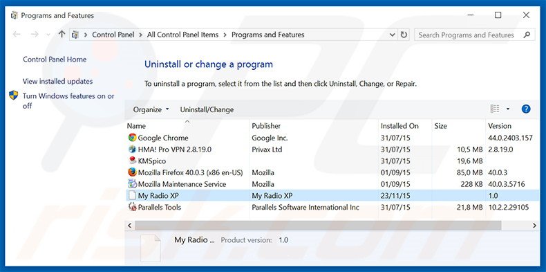 search.myradioxp.com browser hijacker uninstall via Control Panel