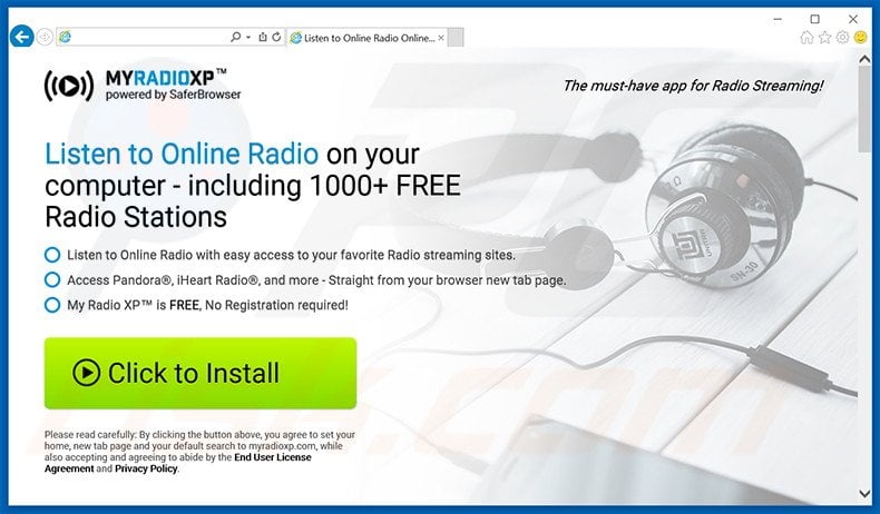 Website used to promote My Radio XP browser hijacker