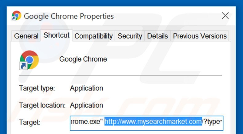 Removing mysearchmarket.com from Google Chrome shortcut target step 2