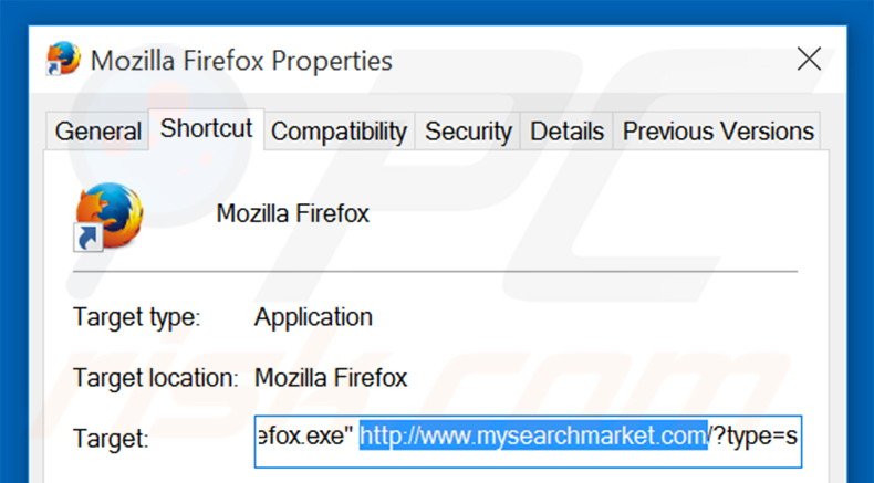 Removing mysearchmarket.com from Mozilla Firefox shortcut target step 2