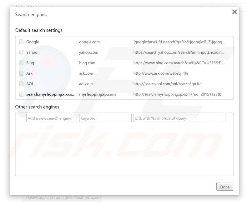 Removing search.myshoppingxp.com from Google Chrome default search engine