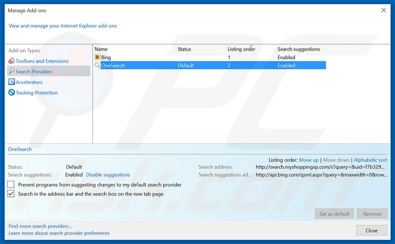 Removing search.myshoppingxp.com from Internet Explorer default search engine