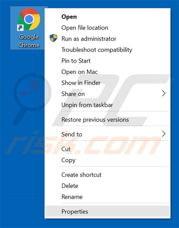 Removing mysites123.com from Google Chrome shortcut target step 1