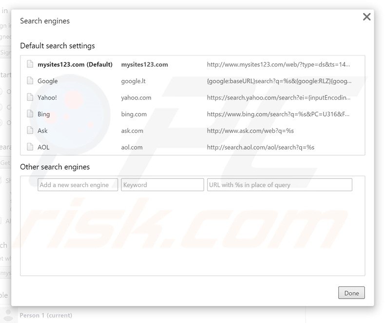 Removing mysites123.com from Google Chrome default search engine