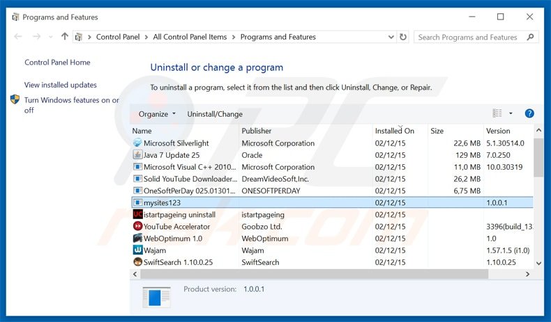 mysites123.com browser hijacker uninstall via Control Panel