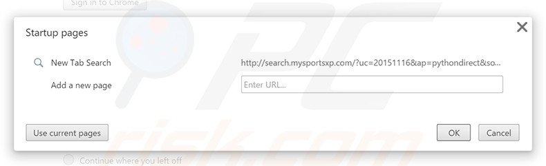 Removing search.mysportsxp.com from Google Chrome homepage
