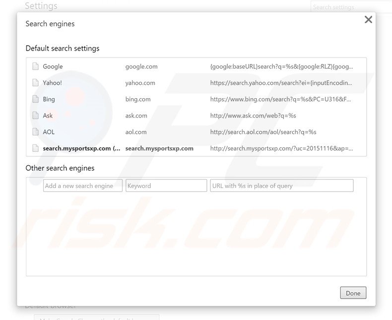Removing search.mysportsxp.com from Google Chrome default search engine