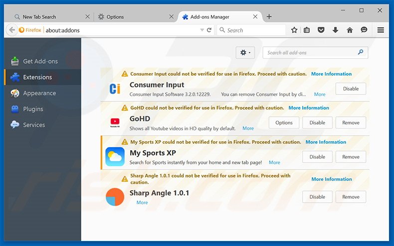 Removing search.mysportsxp.com related Mozilla Firefox extensions