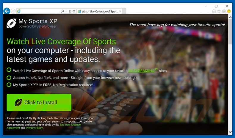 Website promoting My Sports XP browser hijacker
