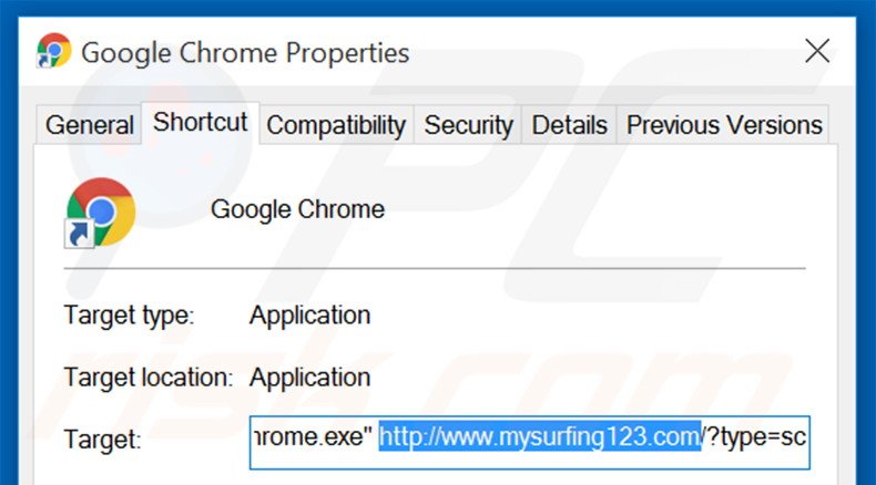Removing mysurfing123.com from Google Chrome shortcut target step 2