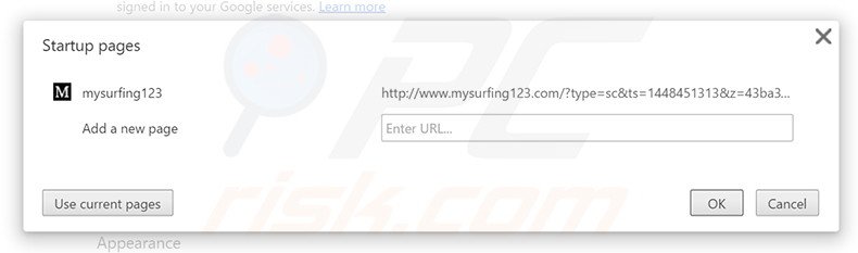 Removing mysurfing123.com from Google Chrome homepage