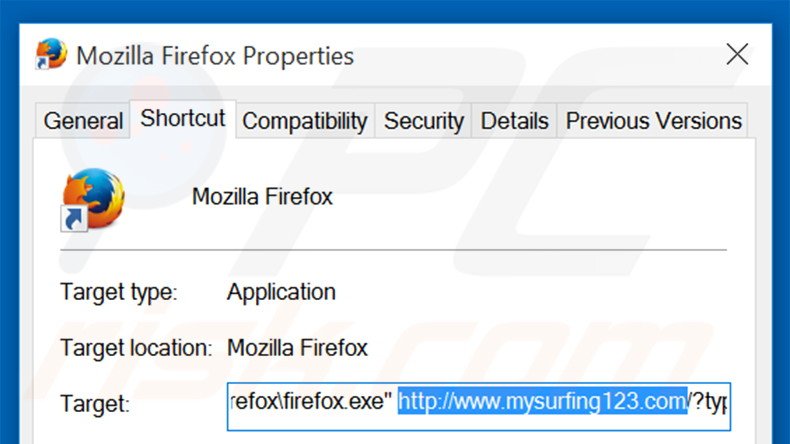 Removing mysurfing123.com from Mozilla Firefox shortcut target step 2