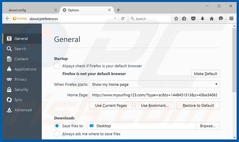 Removing mysurfing123.com from Mozilla Firefox homepage