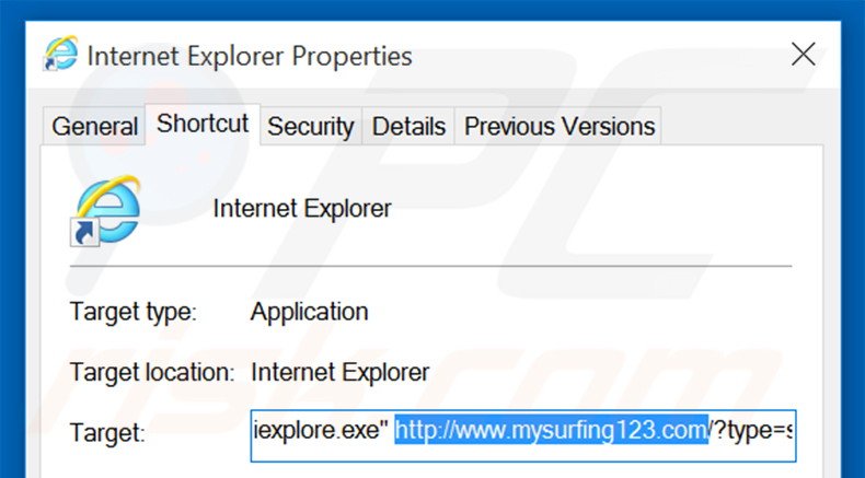 Removing mysurfing123.com from Internet Explorer shortcut target step 2