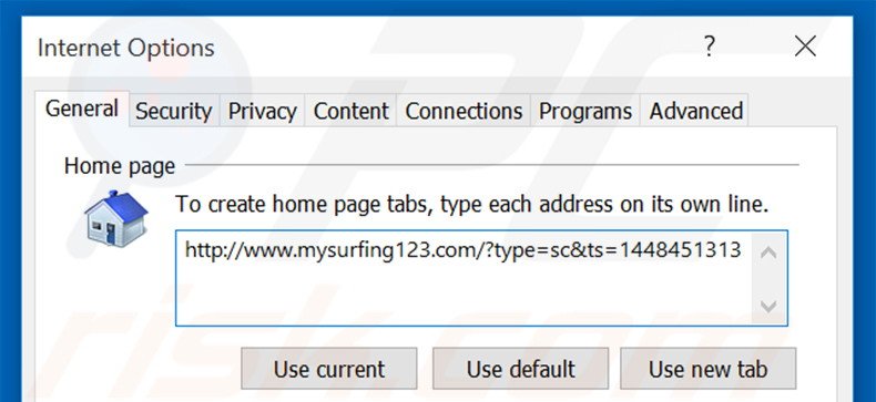 Removing mysurfing123.com from Internet Explorer homepage