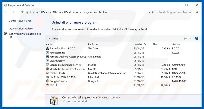 mysurfing123.com browser hijacker uninstall via Control Panel