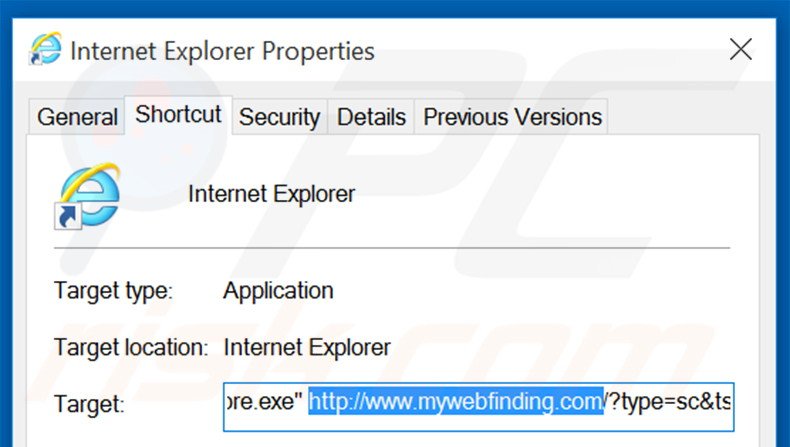 Removing mywebfinding.com from Internet Explorer shortcut target step 2