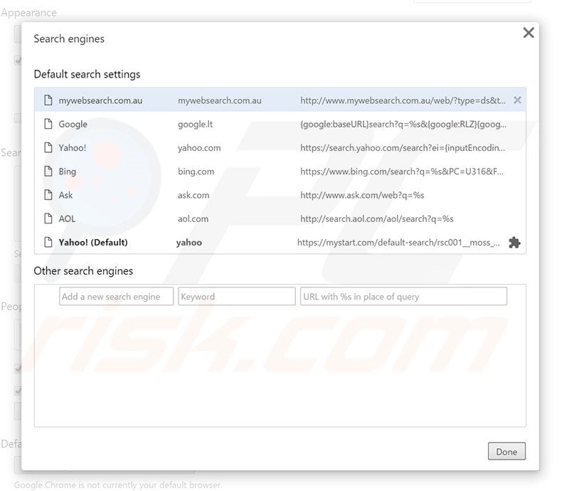Removing mywebsearch.com.au from Google Chrome default search engine