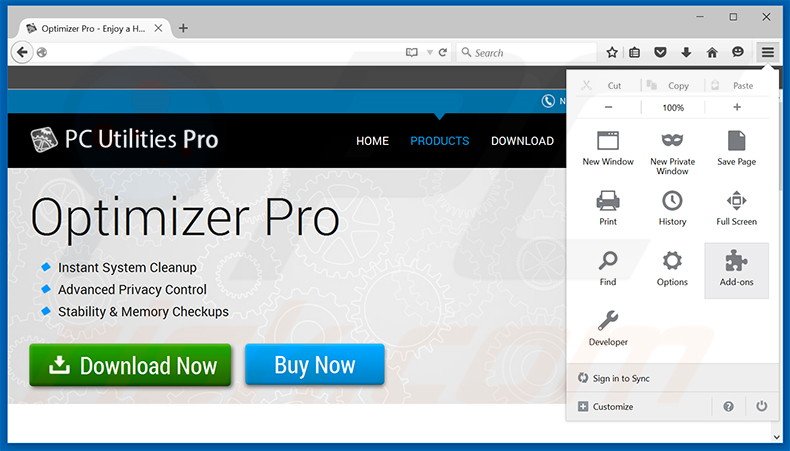 Removing Optimizer Pro ads from Mozilla Firefox step 1