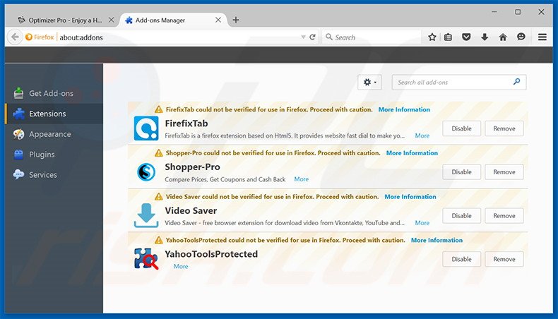 Removing Optimizer Pro ads from Mozilla Firefox step 2