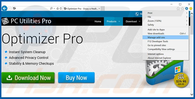 Removing Optimizer Pro ads from Internet Explorer step 1