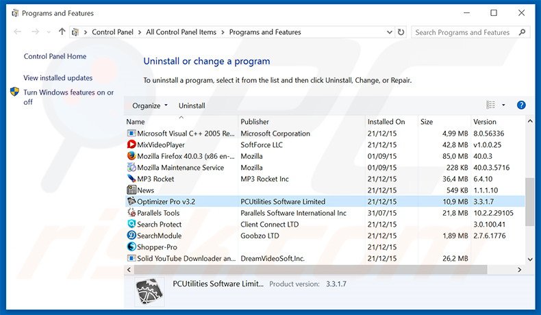 Optimizer Pro adware uninstall via Control Panel