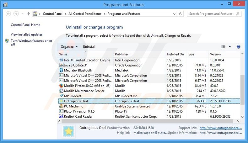 outrageous deals adware uninstall via Control Panel