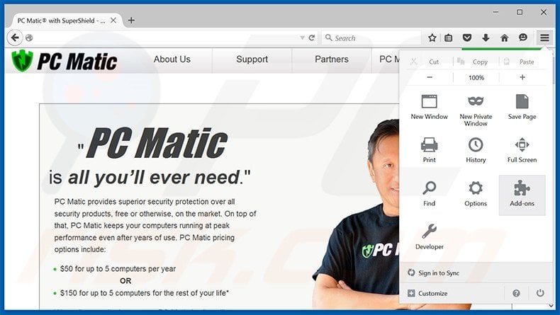 Removing PC Matic ads from Mozilla Firefox step 1