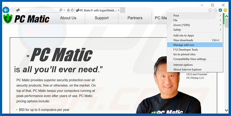 Removing PC Matic ads from Internet Explorer step 1