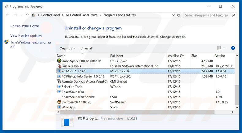 PC Matic adware uninstall via Control Panel