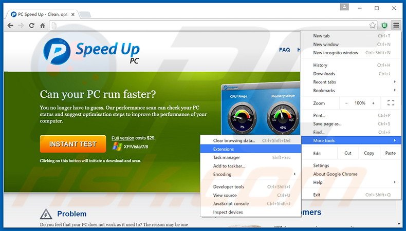 Removing PC Speed UP  ads from Google Chrome step 1
