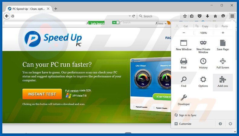 Removing PC Speed UP ads from Mozilla Firefox step 1