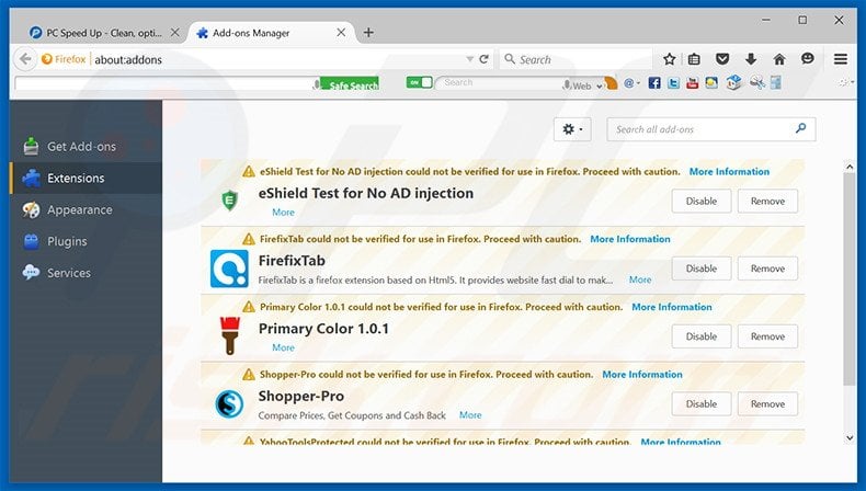 Removing PC Speed UP ads from Mozilla Firefox step 2