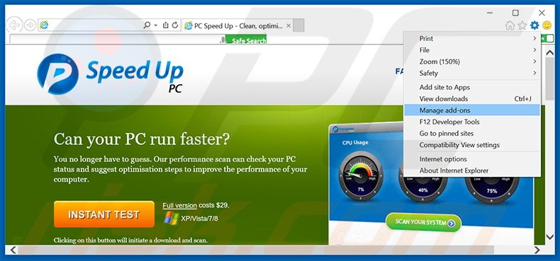Removing PC Speed UP ads from Internet Explorer step 1