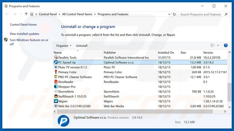 PC Speed UP adware uninstall via Control Panel