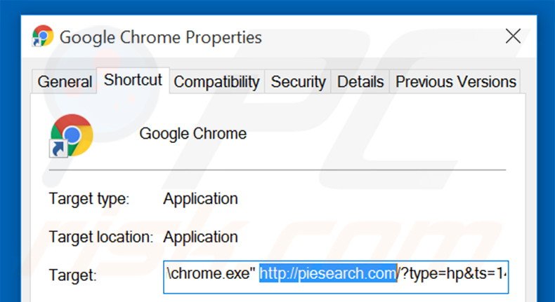 Removing piesearch.com from Google Chrome shortcut target step 2