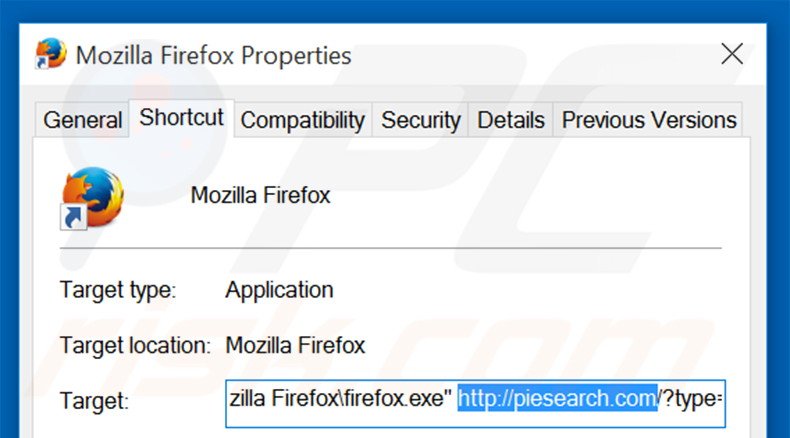 Removing piesearch.com from Mozilla Firefox shortcut target step 2