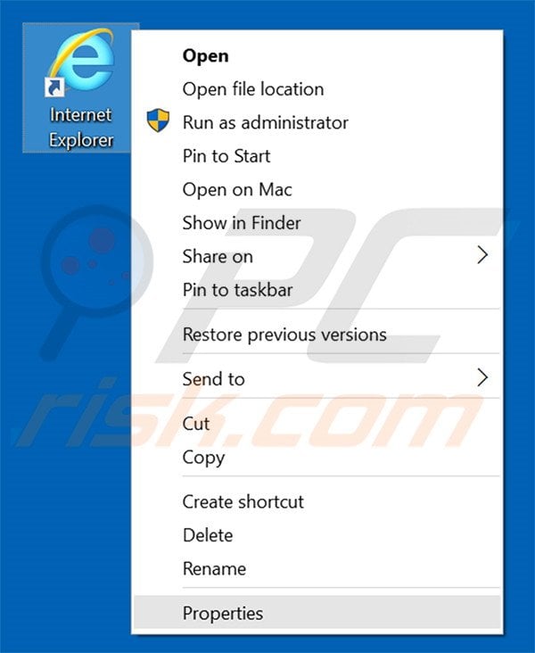 Removing piesearch.com from Internet Explorer shortcut target step 1