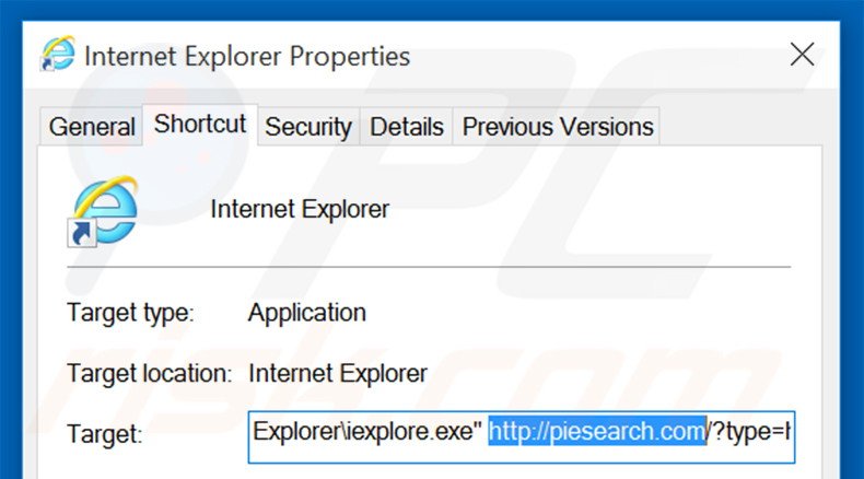 Removing piesearch.com from Internet Explorer shortcut target step 2