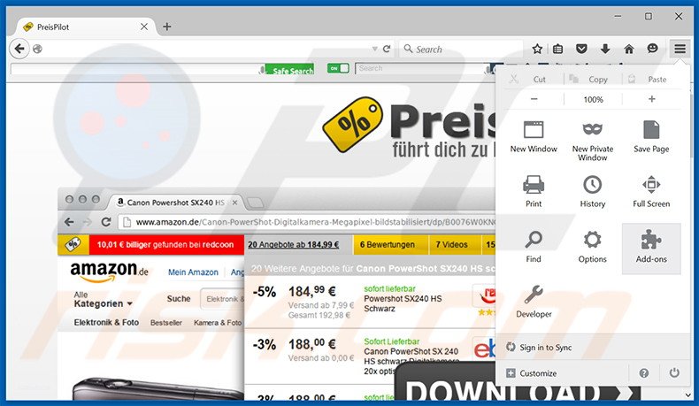 Removing Preispilot ads from Mozilla Firefox step 1