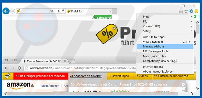 Removing Preispilot ads from Internet Explorer step 1